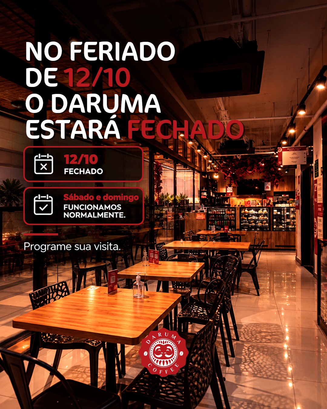 Já deixa o Daruma na programação do fim de semana. Sábado e domingo seguem como boas opções para almoçar, tomar um café, escolher um doce e aproveitar a região da Paulista. Na segunda, 12/10, estaremos fechados. #DarumaCoffee #EmpórioDaruma #Feriado #RuaAugusta #PaulistaSP #LamenSP #CaféEmSP #SPFood